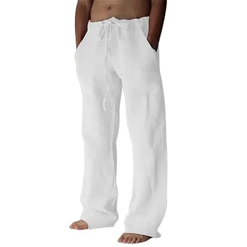 Litthing Pantalones de Lino para Hombre Algodón Verano con Bolsillos Cordó