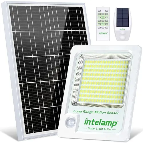 intelamp Foco LED Solar Exterior 2000LM, Batería 12000mAh, Color Blanco 6500K, Sensor de Movimiento con Caja Externa, 3 Modos, IP65 Impermeable, Lámpara de Seguridad para Jardín y Terraza