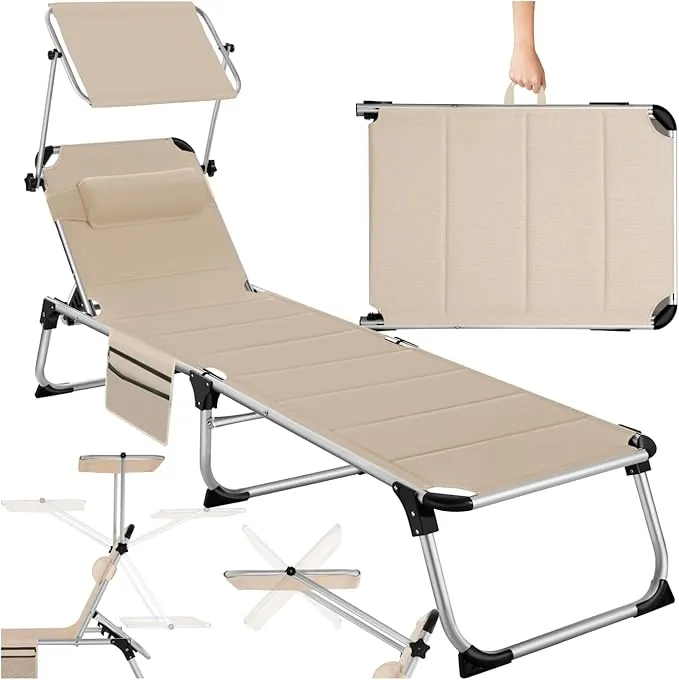 tectake® Tumbona Jardín Exterior de Aluminio, Tumbona Plegable con Reposacabezas, Parasol y Bolsillo Lateral, Playa Reclinable en 6 Posiciones, Resistente a Intemperie - Beige