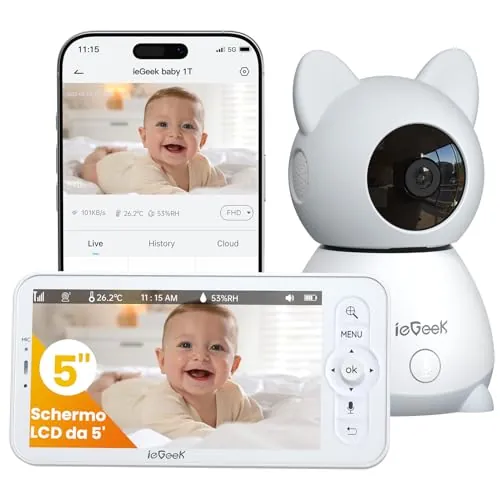 ieGeek Cámara Vigilancia Bebes 5" 2K/3MP, Baby Monitor con Vista 360° PTZ, Detección Movimiento y Llanto, Audio Bidireccional, Visión Nocturna, Temperatura, Regalo Recién Nacidos​