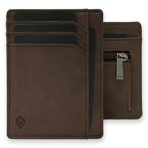 AKIELO Tarjetero de Hombre con Bloqueo RFID, Cremallera y Caja Regalo – Cartera Ultrafina con Monedero – Cartera de Viaje y Protector de Tarjetas (Bravo - Moca Oscura con Cremallera)