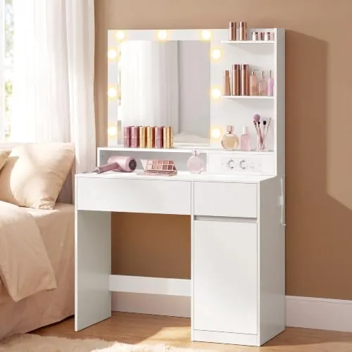 VASAGLE Tocador de Maquillaje con Luz, Espejo, Cajones y Enchufe | Escritorio, Puertos USB, 80 x 80 x 144,3 cm, Blanco Nube, Colección KAILYN RDT242WB01