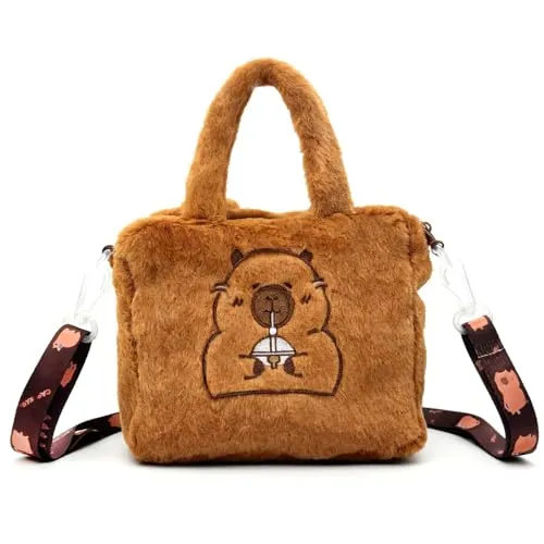 FOSDICK Capibara Peluche Bolso Niña, Lindo Bolso Bandolera para Niña, Suave Felpa Bolso de Mano, Capibara Bolsos Bandolera con Correa de Hombro Ajustable y Extraíble, Bandoleras para Niñas, 18x16cm