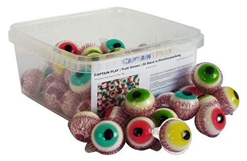 CAPTAIN PLAY Ojos consta de Golosinas, Núcleo líquido, ideal para Halloween y Candy Bar, Candy Box con 50 Piezas - Terribles Decoraciones de Terror de Halloween