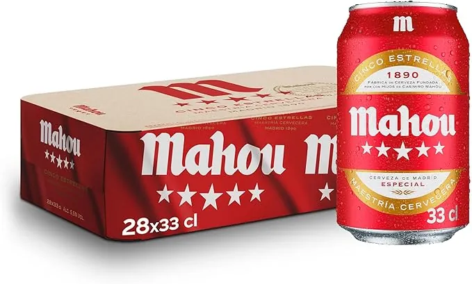 Mahou 5 Estrellas, Pack de 28 Latas x 33 cl, Cerveza Especial Dorada Lager Con Sabor 5 Estrellas, 5.5% Volumen de Alcohol