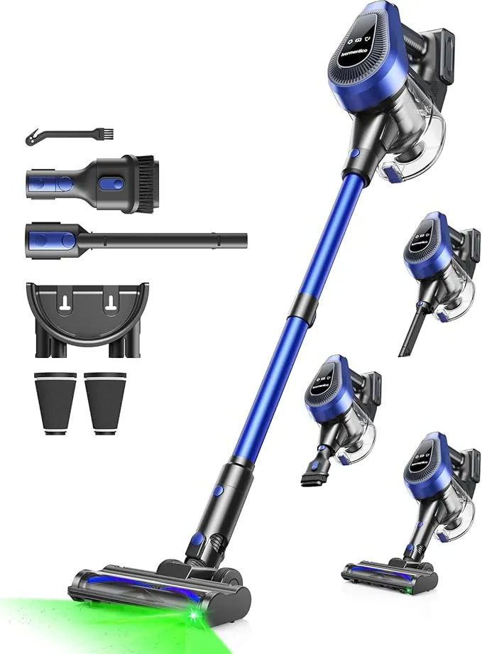 50Mins Aspiradora sin Cable, 40KPA Aspirador sin Cable con LED Verde, 550W Escoba Aspiradora sin Cable con Filtro de 8 Capas, Aspirador Vertical con 1,5 L Contenedor, Azul Oscuro