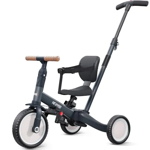 newyoo TR007 Triciclo Evolutivo 5 en 1 para Bebé 1-3 Años con Barra de Seguridad y Empuje, Regalo Infantil con Pedales y Modo Bicicleta, Gris Oscuro