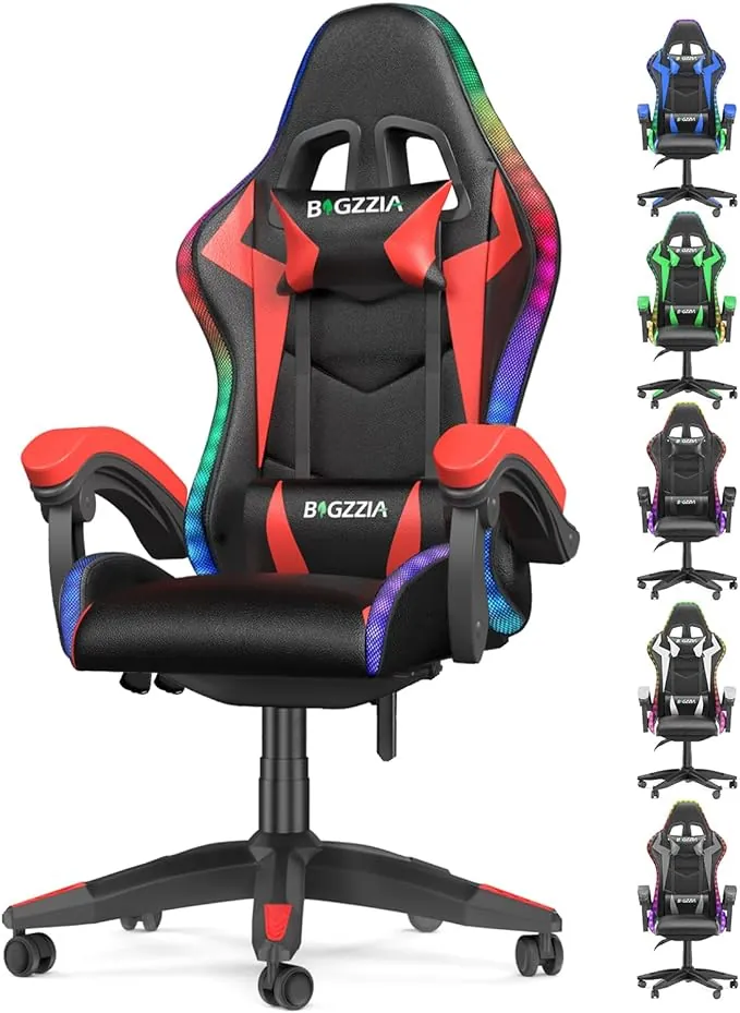 bigzzia Silla Gaming Ergonómica con Luces LED, Altura Regulable, Apoyo Lumbar y Reposacabezas, Respaldo Inclinable hasta 155°, Utilización RGB, Rojo