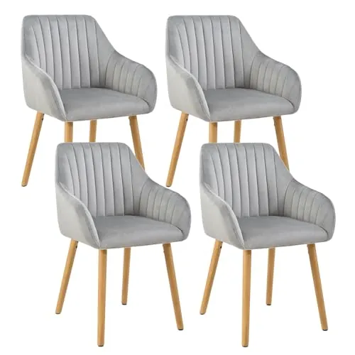 Goeurvant Silla De Comedor con Reposabrazos, Juego De 4, Patas De Madera, Silla Tapizada, Sillas De Cocina Y Salon, Gris Claro
