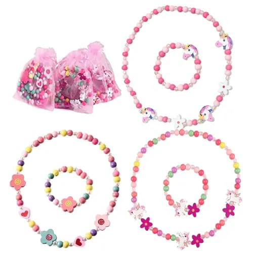 SOETDERT Unicornio Collar Pulsera Set, 6 Piezas Joyas Niña Amistad Collares y Pulseras, Coloreada Madera Unicornio Joyas para Niños, Niñas, Regalos de Cumpleaños Princesas Fiestas Accesorios