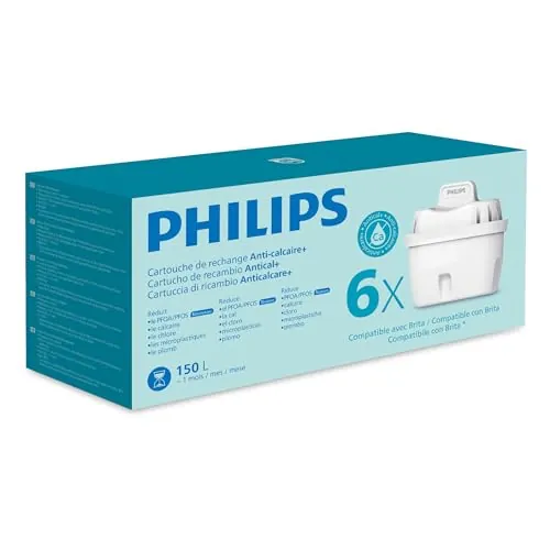 Philips Water Cartuchos de filtro de agua de repuesto Antical+, pack de 6 filtros, HASTA UN 50 % DE MAYOR REDUCCIÓN DE LA CAL, El EMBALAJE PUEDE VARIAR, Compatible con brita*