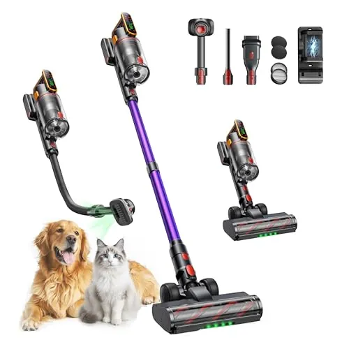 Aspiradora sin Cable 50kPa/600W/65Mins Aspiradora Escoba Potente Aromática con Cepillo para Mascotas, Modo AUTO, Manguera 1M, Anti-Enredos, 15 en 1 Ideal para Pelo de Mascotas/Suelos/Alfombras/Coche