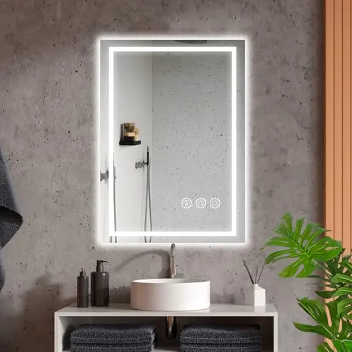 Ratsamee Espejo Baño con Luz 50x70cm, Espejos de Baño con LED con Antivaho, Regulable, 3 Colores Luz, Función Memoria
