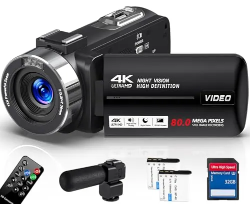 Delmodes Cámara de vídeo 4K 30FPS Videocámara 80MP 18X Digital Zoom IR Visión Nocturna Cámara Vlogging, pantalla IPS de 3,0 pulgadas, YouTube Camera con tarjeta SD de 32 GB, micrófono, mando a