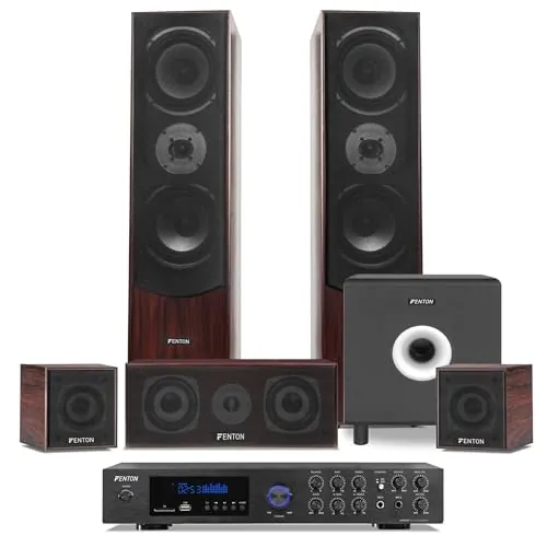 Fenton Equipo Cine en casa 5.1 Bluetooth con Amplificador, subwoofer Activo de 10", 5 Altavoces, USB MP3, entradas micrófono y Karaoke, Cables incluidos para instalación inmediata