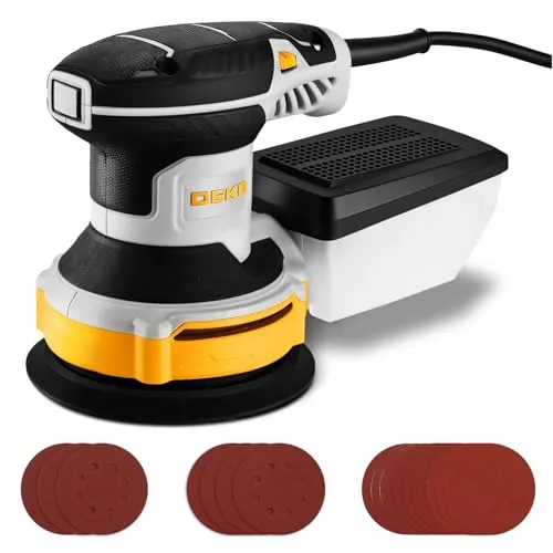 DEKOPRO Lijadora Orbital 300W, 6 Velocidades, 14000 RPM, Lijadora Eléctrica Ideal para Superficies de Madera y Acero con 16 Hojas de Papel de Arena（Gris amarillento）