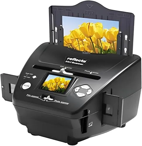 Reflecta 3-in-1 Escáner para 35mm Film, Escaner Negativos y Escaner Fotos, Sensor de Imagen CMOS 8MP, Resolución 2300 dpi, Pantalla LCD 2.4 Pulgadas, Corrección de Exposición Automática/Manual