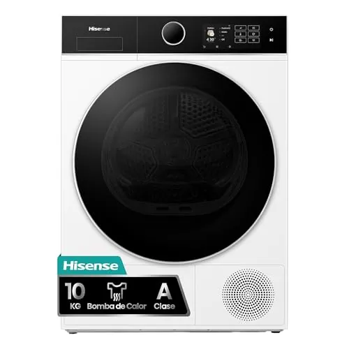 Hisense DH5I104BWAB - Secadora bomba de calor, capacidad 10 Kg, Clase A, iluminación interior, puerta cristal, ancho 59,5cm, alto 84,5cm, fondo 64cm, Blanco