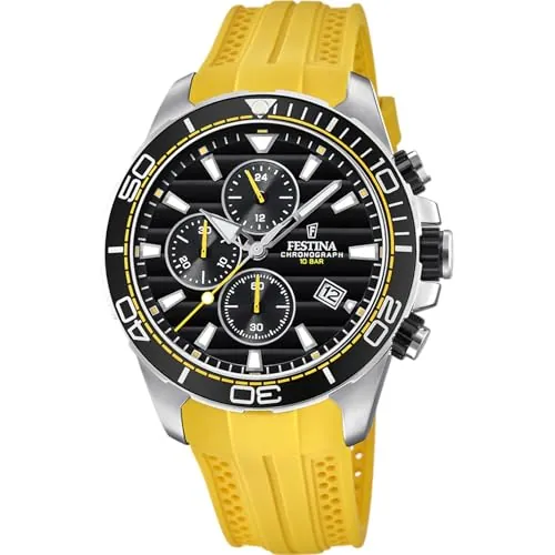 Festina Reloj Hombre Analógico de Caucho Amarillo - Movimiento de Cuarzo Reloj Deportivo Hombre - Cronógrafo - Calendario - Cristal Mineral - Resistente al Agua 10 ATM F20370/2 Special Prices