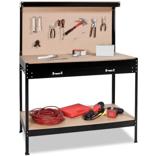 tectake® Banco de Trabajo, Mesa de Trabajo Taller, 12 Ganchos Incluidos, Panel Herramientas, Bricolaje y Herramientas, Cajón Grande, Apoyo Firme con Tapas de Goma - 120 x 60 x 156 cm