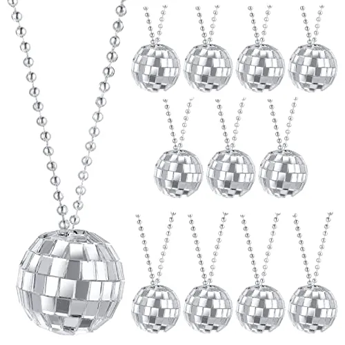 Yolev 12 Uds Collares de Bolas de Discoteca Collar de Plata con Temática de los Años 70 para Fiestas Disco Ball Necklaces Accesorios Decorativos para Ropa