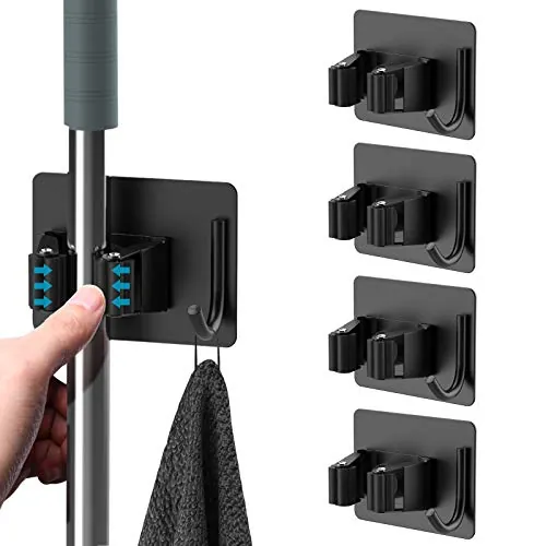 homeasy Colgador Escobas y Fregonas con Ganchos, 4 Piezas Adhesivas, Negro