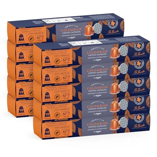 By Amazon Café Colombiano Compatible con Nespresso, 100% Arábica, Tueste Medio, 100 Cápsulas de Aluminio (10 paquetes de 10), Con Certificación Rainforest Alliance