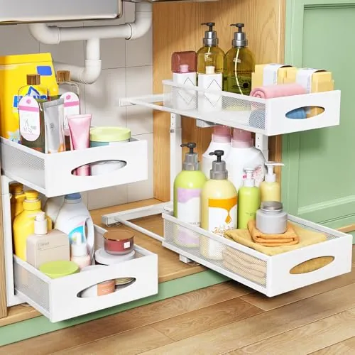 Kitstorack Organizador de almacenamiento para debajo del fregadero, 2 unidades, cajones extraíbles de altura ajustable con malla deslizante, estante de cocina de metal de 2 niveles para armario, color
