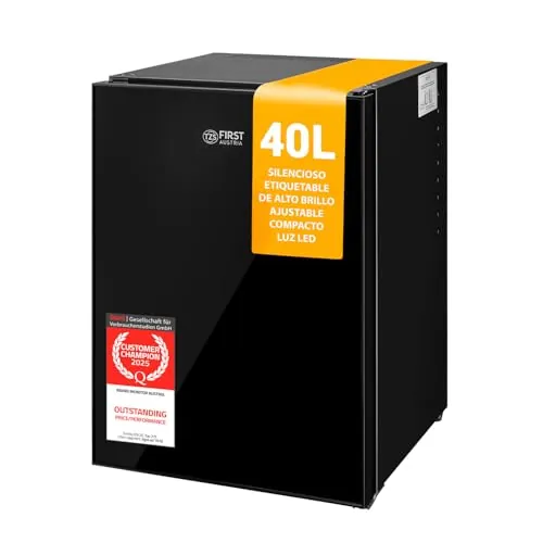 TZS First Austria - Mini Bar - Mini Frigorífico 40L Silencioso con Cerradura y Puerta Reversible - Nevera con Iluminación Interior para Camping, Oficina, Dormitorio y Hotel - Negro Mate