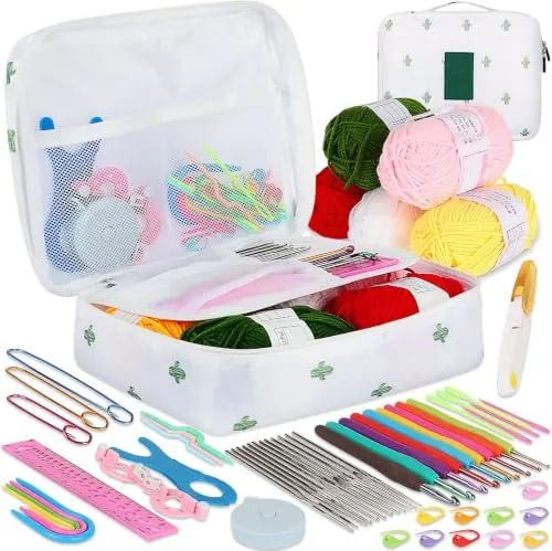 Coopay Kits de Ganchillo para Adultos Principiantes, Incluye Ganchos de Metal Ergonómicos de 0,6 mm a 6 mm, Accesorios de Tejido y Estuche de Cactus, Juego de Tejido con Lana y Agujas