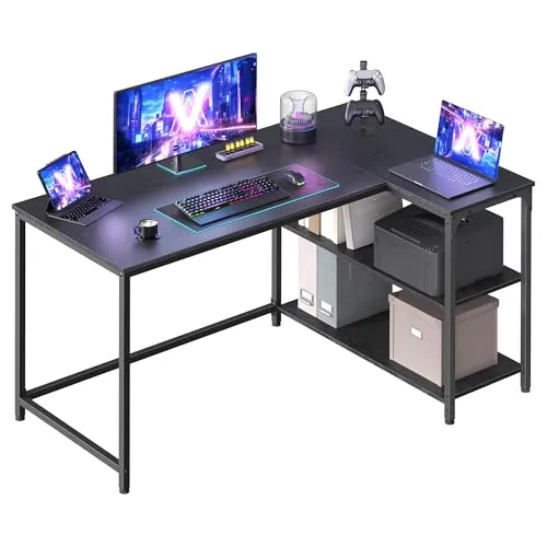 VASAGLE Escritorio en L, Escritorio Gaming para Ordenador con Estantería, Baldas de Altura Regulable, Estación de Trabajo para Estudio y Oficina, 120 x 80 cm, Negro Ébano LWD136BE01