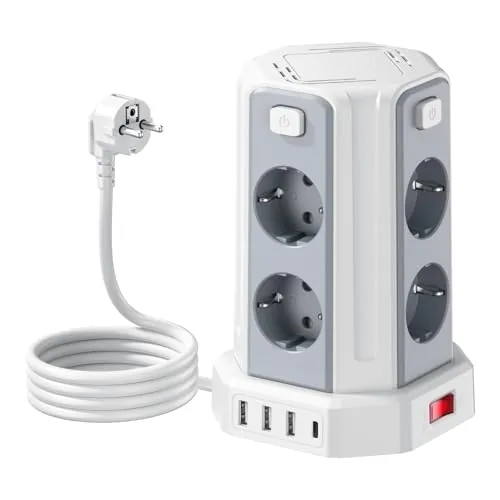 2M Torre Regletas Enchufes, Regleta USB 8 Tomas de AC Corrientes y 4 USB, 2500W/10A, Regreltas Vertical con Interruptor para Mesa, Oficia, Casa……