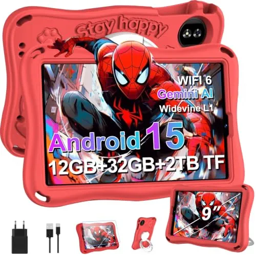 Tablet para niños 9" Android15 Gemini AI 32GB+2TB TF Face ID Funda EVA Rojo | Tableta táctil 1340*800 BT5 Octa-Core 8MP+5MP 5000mAh Tipo C Widevine L1 Control Parental Tableta Soporte 360° Giratorio Rojo