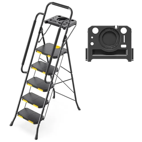 KINGRACK Escalera de Tijera 5 Peldaños Plegable con Pasamanos de Seguridad y Bandeja de Herramientas, Escalera Doméstica con Gran Pedal Antideslizante, Uso Hogar Cocina Despensa Armarios Oficina