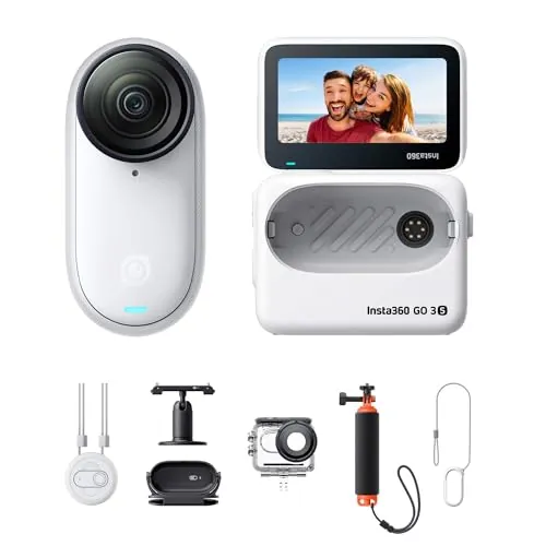 Insta360 GO 3S Kit para Deportes Acuáticos - Cámara Vlogging 4K, POV Manos Libres, Móntala Donde Quieras, Estabilización, 140 Min de batería, Impermeable 10 M, Edición IA, Apple Find My, Vlog, Blanco