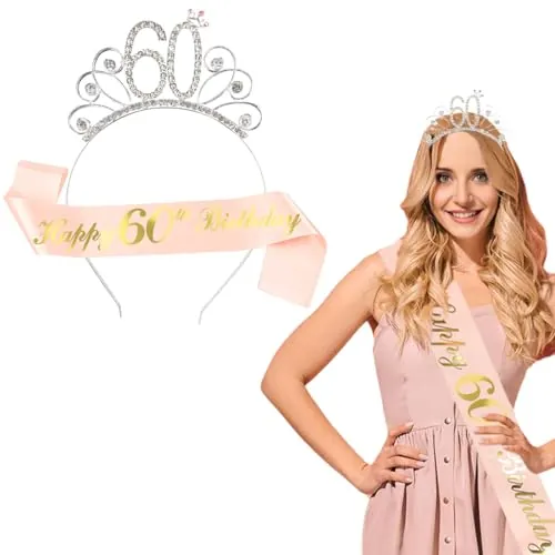 GVEYIQK 60 Cumpleaños Corona y Faja, Feliz 60 Cumpleaños Corona Tiara y Faja, 60 Cumpleaños de la Mujer para la Decoración de la Fiesta de Cumpleaños