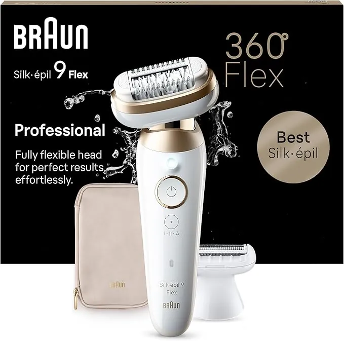 Braun Depiladora Eléctrica Mujer Silk-épil 9 Flex, Depiladora Corporal con Cabezal de Rasuradora, Resistente al Agua, Rasura Y Recorta, Eliminación del Vello Fácil, 9-041 3D, Blanca/Dorada