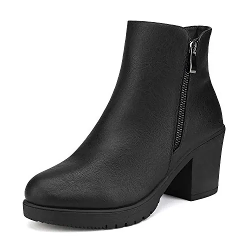 DREAM PAIRS Botines Chelsea Tacon Ancho,Negro/Pu,39 | Botines de tacón para otoño, con plataforma, cremallera y tacón para mujer. Suela antideslizante y plantilla acolchada.