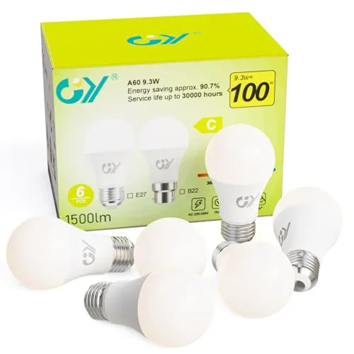 GY 9.3W Bombillas Led E27 Luz Calida 3000K 1500LM, No Regulable - Clase C Bombilla Bajo Consumo, A60 Bombilla E27 Casquillo Pack de 6