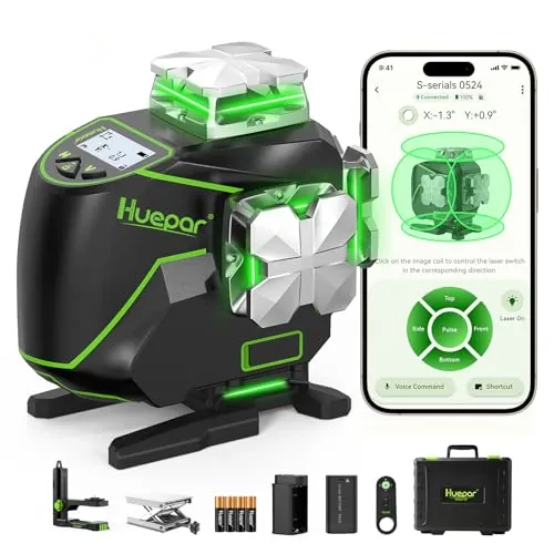 Nivel Láser 4 x 360 ° Huepar , Autonivelante de 16 Líneas Láser de Líneas Cruzadas de Haz Verde 4D con Pantalla LCD Bluetooth -Láser Horizontal/Vertical -Control Remoto y Estuche Rígido-S04CG