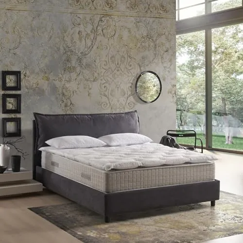 EVERGREENWEB - Colchón Doble 140x190 con Topper Viscoelástico Altura 32 cm + 2 Almohadas Memory Foam, Ortopédico, Funda Blanca con Efecto Masaje, Corrector con Acolchado Antiácaros Efecto Pluma