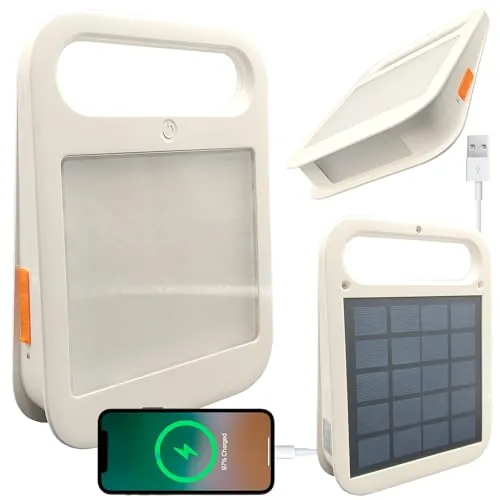 Foco Solar Portátil, Power Bank, USB Recargable, Luz Trabajo Regulable, 2 Modos de luz, Batería integrada 3.6Ah, Lampara Exterior para Acampar, Jardín, Pesca, Garaje, Emergencia (5700K)