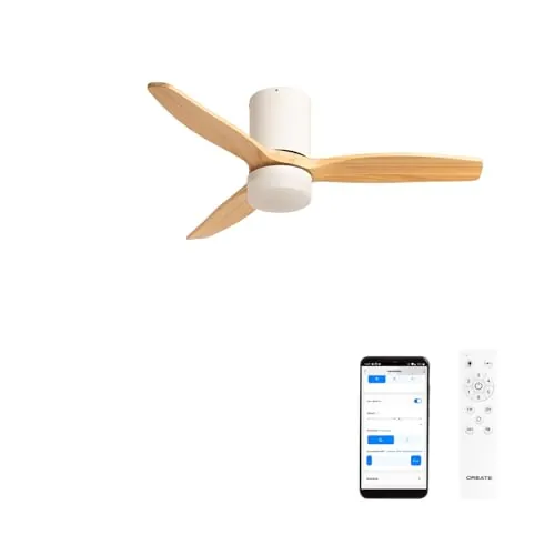 CREATE/WINDCALM S/Ventilador de techo ABS con luz blanco aspas efecto madera clara con Wifi y mando / 40W, Silencioso, Ø112 cm, 6 velocidades, 3 temperaturas de luz, función verano-invierno