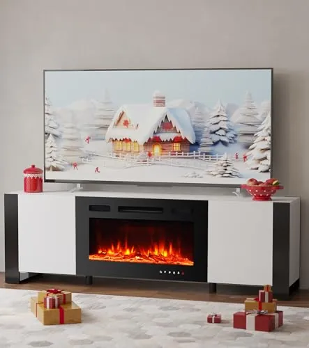 MachenFlame Chimenea eléctrica Soporte para TV, Centro de Entretenimiento, Mesa de Consola con 12 Colores de Llama y 5 Niveles de Llama de 30 Pulgadas, Calentador de Chimenea de Cristal y Juego de