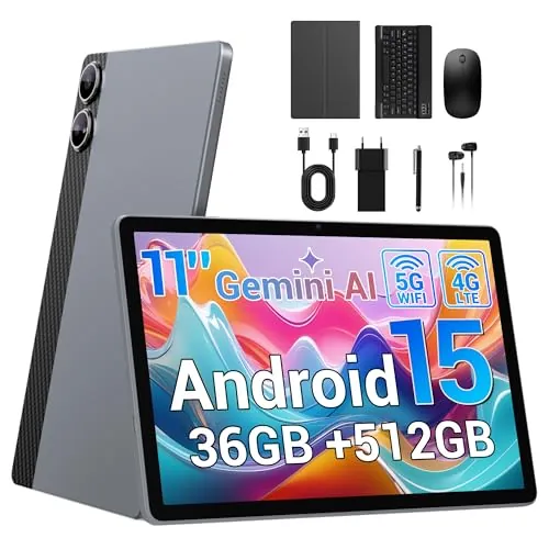 BEYNIVAN Tablet 11 Pulgadas Android 15 Tableta con Ranura sim,4G LTE y 5G WiFi,36GB RAM+512GB ROM/9580mAh y 20W/Face ID/GPS/BT 5.0/TÜV/USB-C,Tablet con Teclado