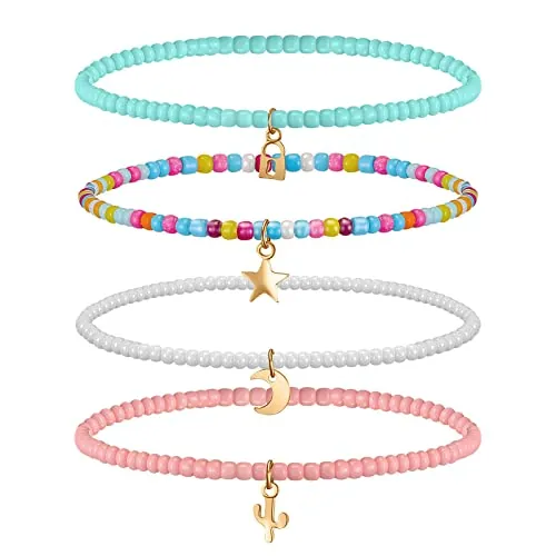 4 Piezas Tobilleras con Cuentas en Capas Bohemias de Verano Pulsera de Tobillo de Cadena de Cuentas de Colores Elásticos Tobilleras Bohemias Estéticas para Mujeres