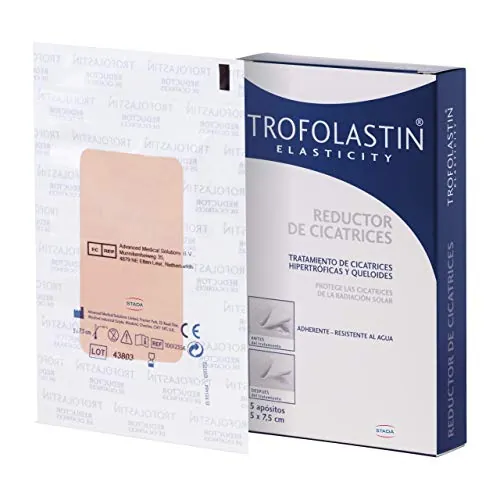 Trofolastin, Reductor de Cicatrices, Apósitos Adhesivos para Cicatrices Hipertróficas y Queloides, Quemaduras y Cortes, Protección Solar UPF 50+ demostrada, Tamaño 5x7,5cm, 5 Unidades