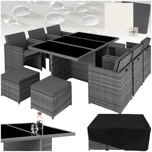 tectake® Conjunto Jardín Exterior de Ratán y Aluminio, Muebles Jardín Exterior Resistentes a la Intemperie, para hasta 10 Personas, con 2 Juegos de Fundas y Funda Protectora - Gris