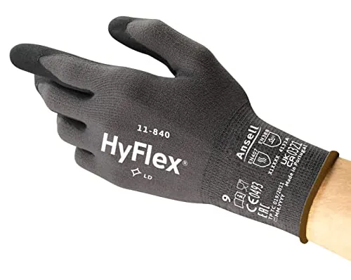 Ansell HyFlex 11-840 Guantes de Trabajo Profesionales, Revestimiento de Nitrilo Antideslizante, Transpirable, Multiusos, Seguridad Industrial, Negro, S 5 Pares El color del borde puede variar