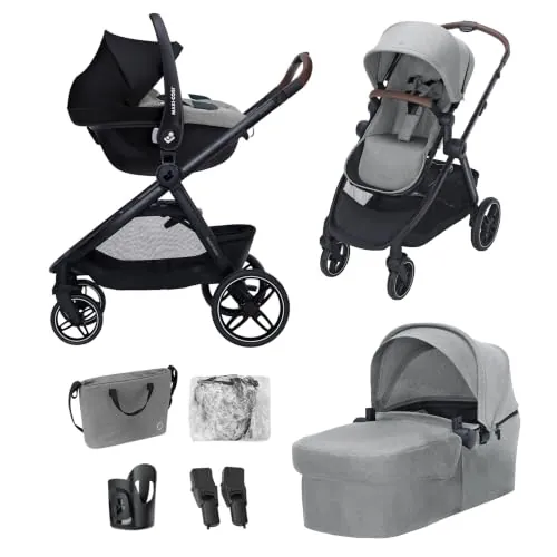 Maxi Cosi Zelia Select+,Cochecito Bebé 3 en 1 con Silla de Coche y Capazo Reversible, 0-4 Años (0-22 kg), Sistema de Viaje con Cochecito Plegado con una Mano, Silla Coche Bebé CabrioFix S i-Size, Gris